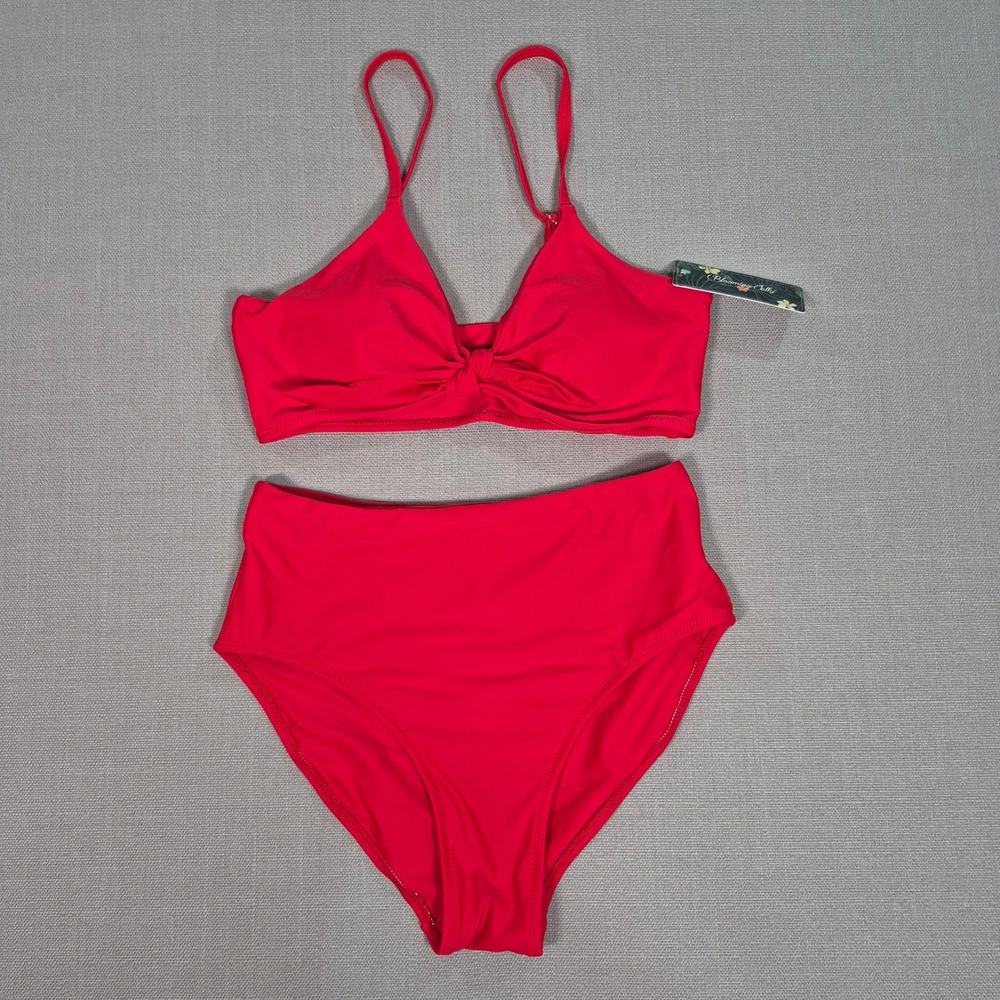 Blooming Jelly Womens Red High Waisted Bikini Set Tie Front Swimsuit Size M NEW